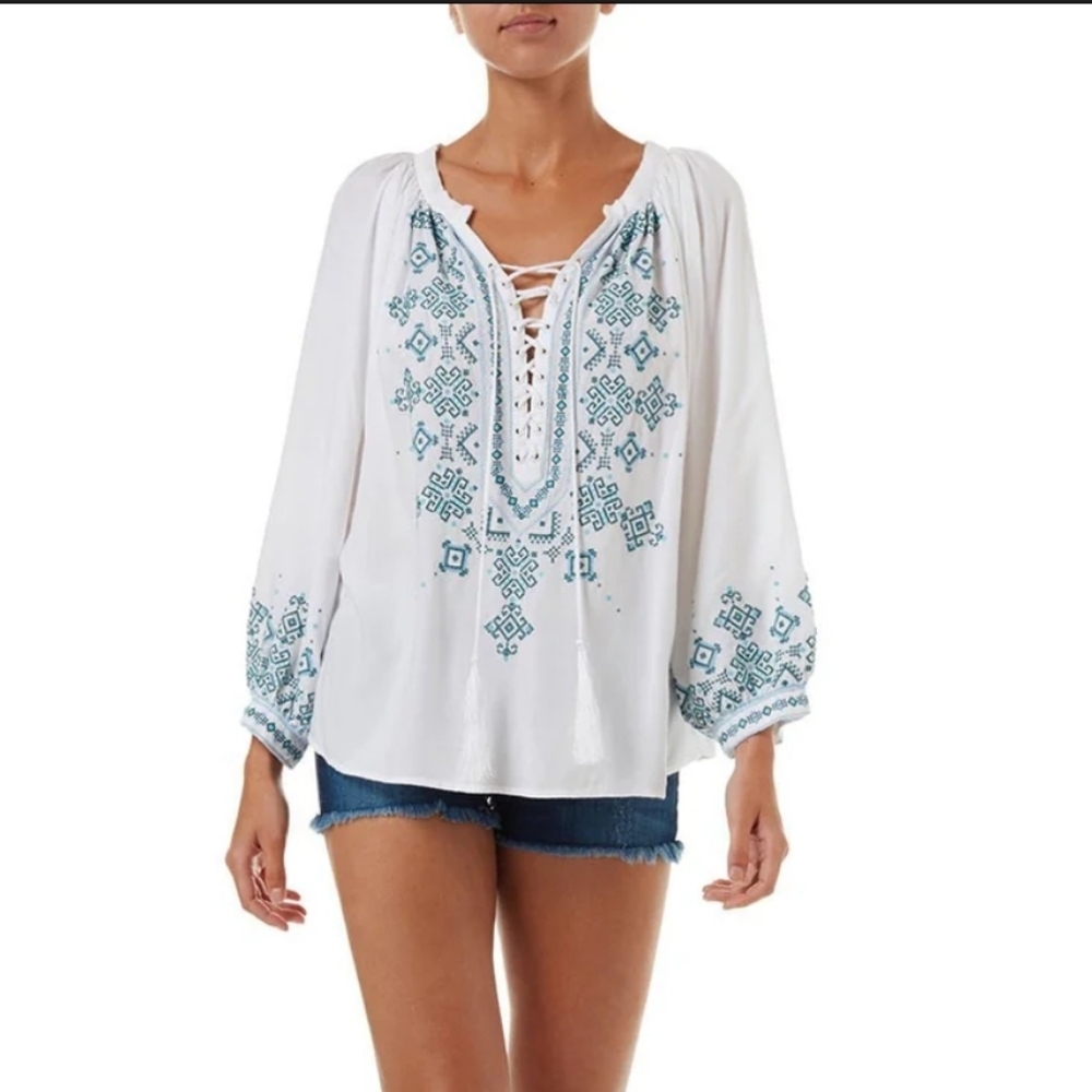 Melissa Odabash Shiv White Lace Up Embroidered Top